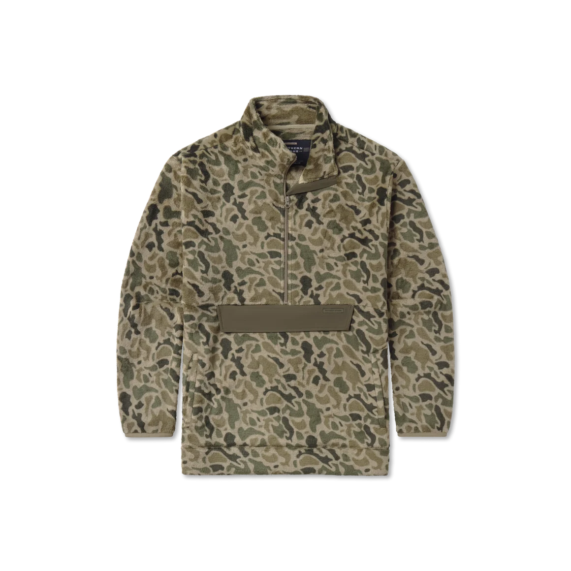 A camouflage fleece pullover jacket with a half-zip collar and a horizontal chest pocket, shown flat on a white background.