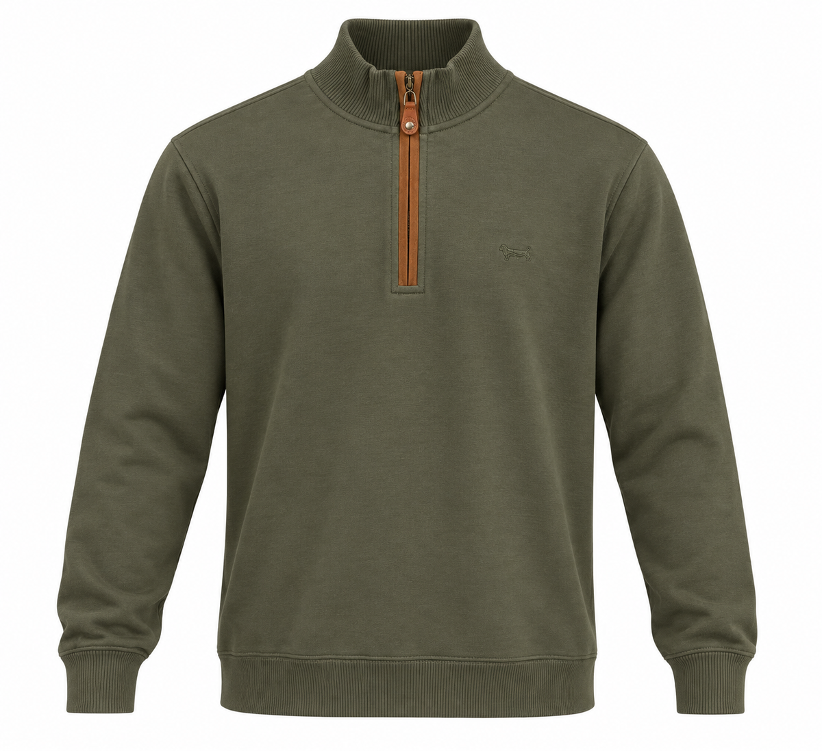 olive quarter zip with white background