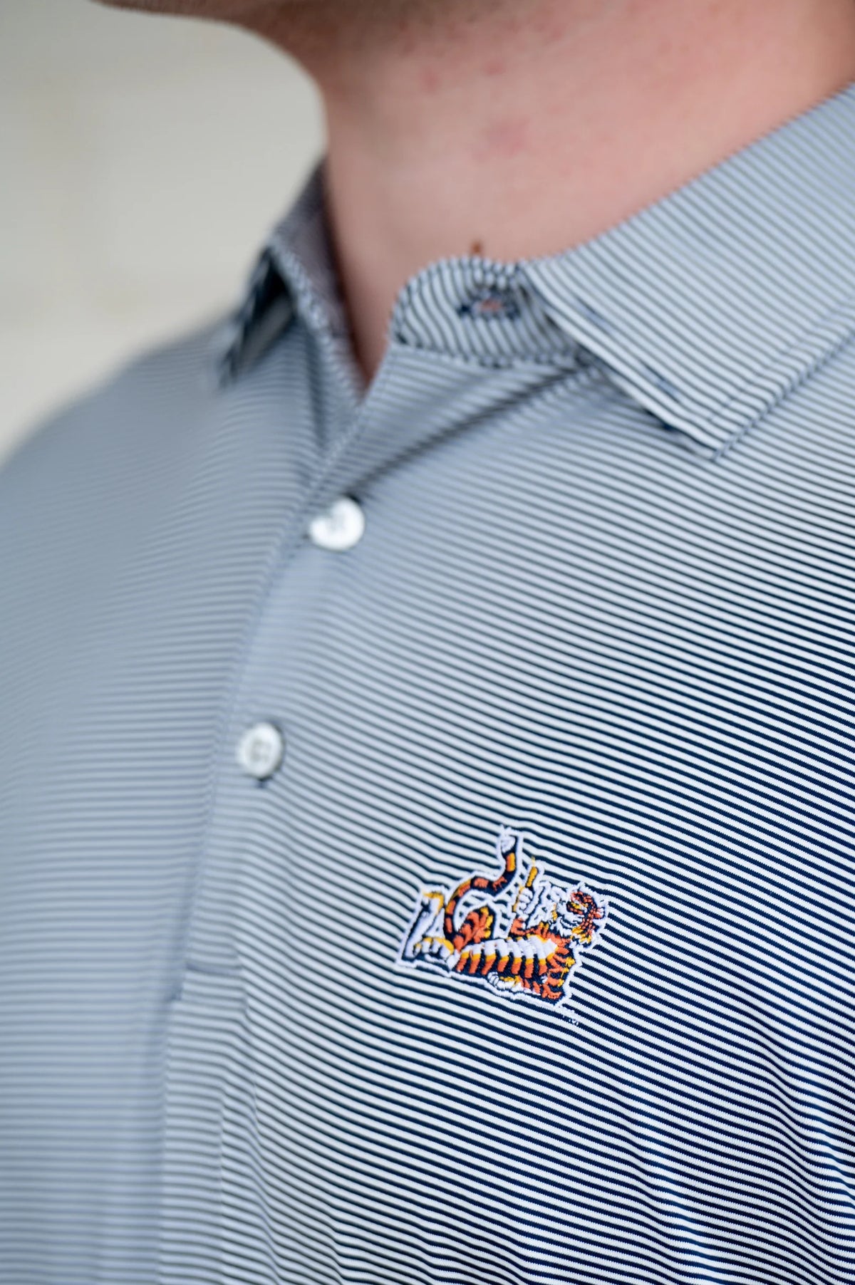 Close-up of a person wearing a blue and white striped polo shirt with a small embroidered tiger patch on the chest.