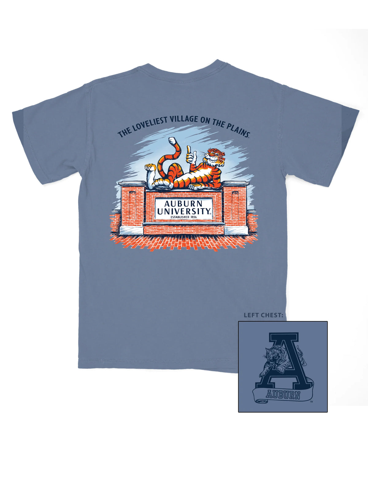 Blue t-shirt with Auburn University graphic on a white background