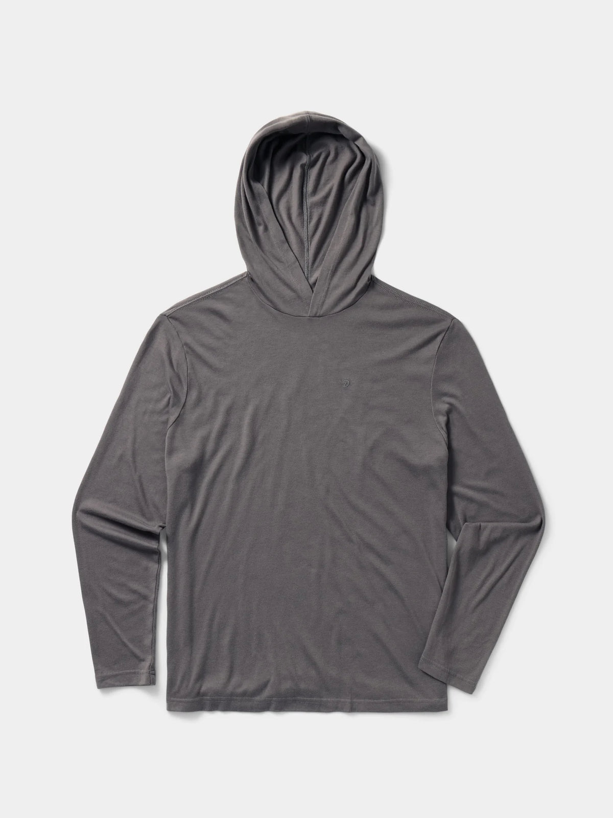 A dark gray hooded long-sleeve shirt laid flat against a light gray background.