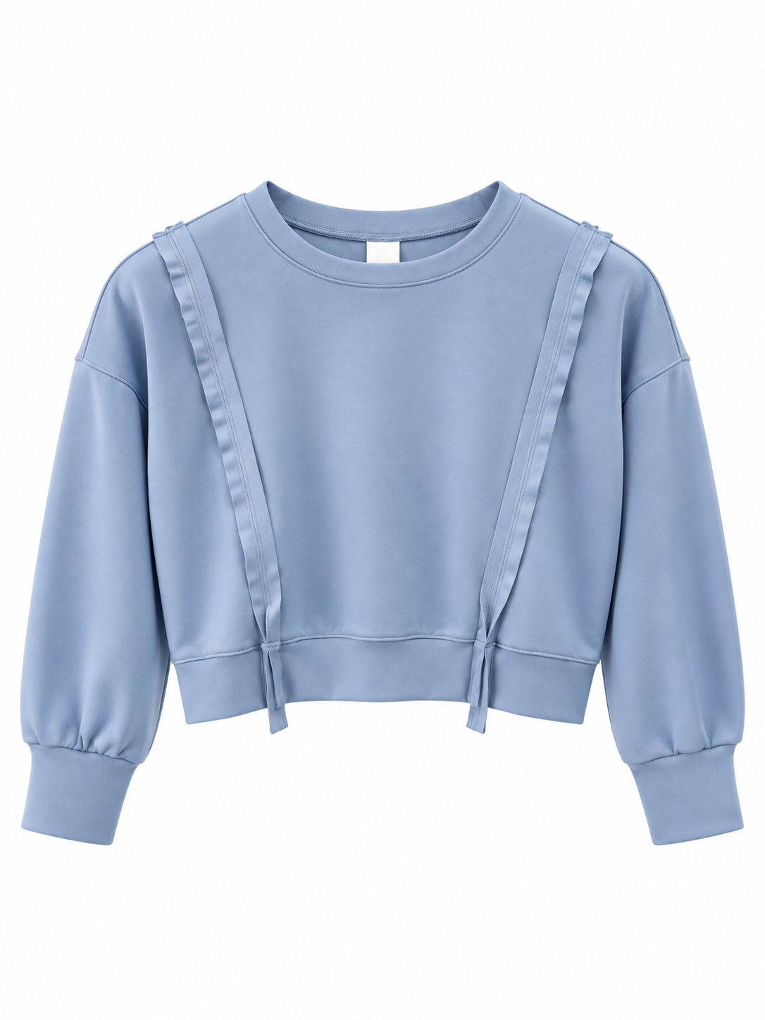 A light blue cropped sweatshirt with long sleeves, ribbed cuffs and hem, and decorative ruffle details running down the front, displayed on a solid white background.