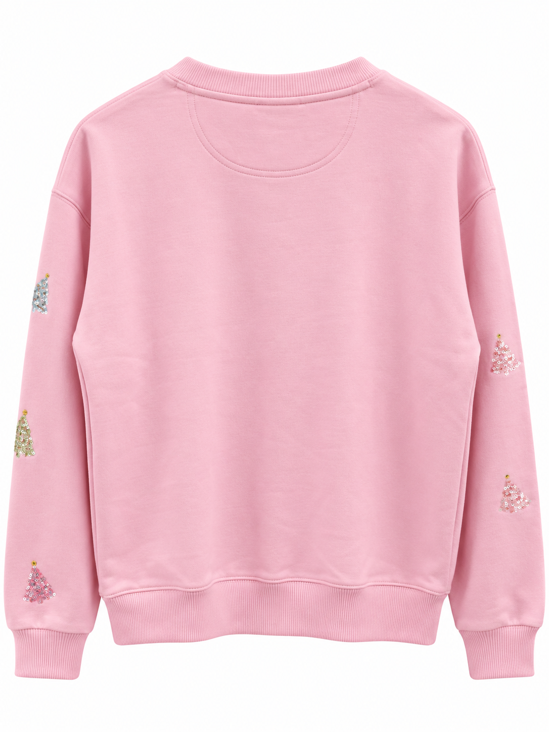 A light pink crewneck sweatshirt with small embroidered Christmas tree motifs on both sleeves, shown against a plain white background.