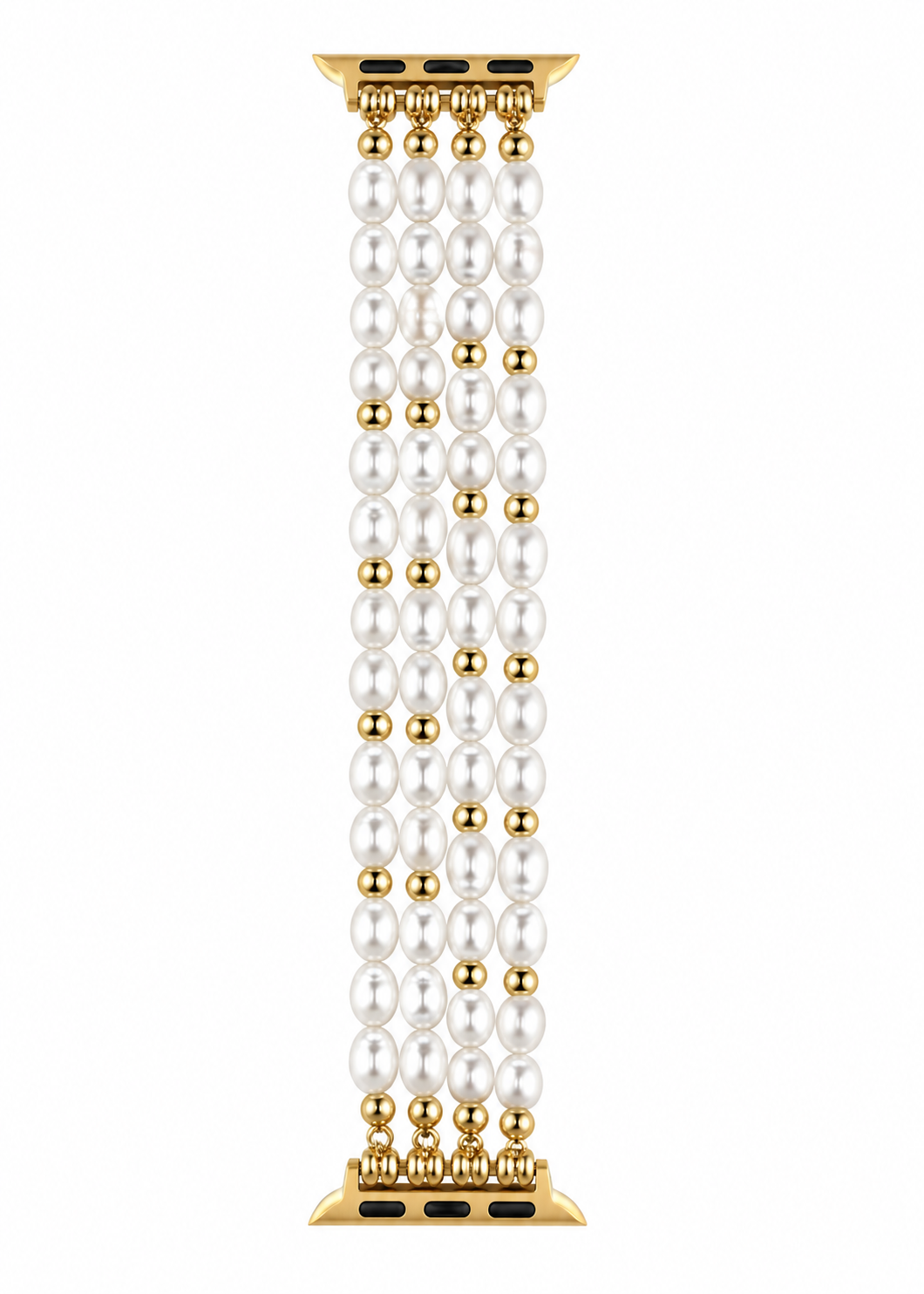 A gold-plated watch band featuring five vertical strands of white freshwater pearls interspersed with small gold beads, shown on a plain white background.