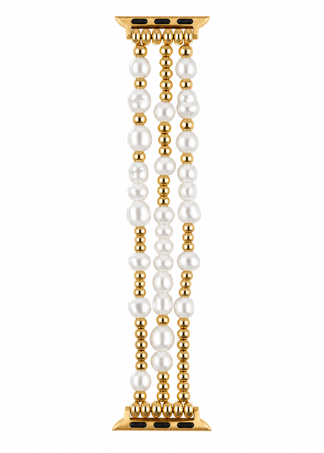 A gold-plated watch band featuring three vertical strands of white freshwater pearls and gold beads, designed for an Apple Watch.