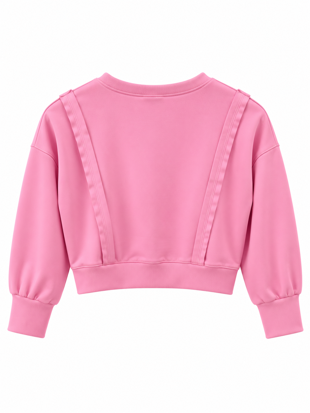 A pink cropped sweatshirt with long sleeves and decorative vertical seam details on the back, shown against a plain white background.