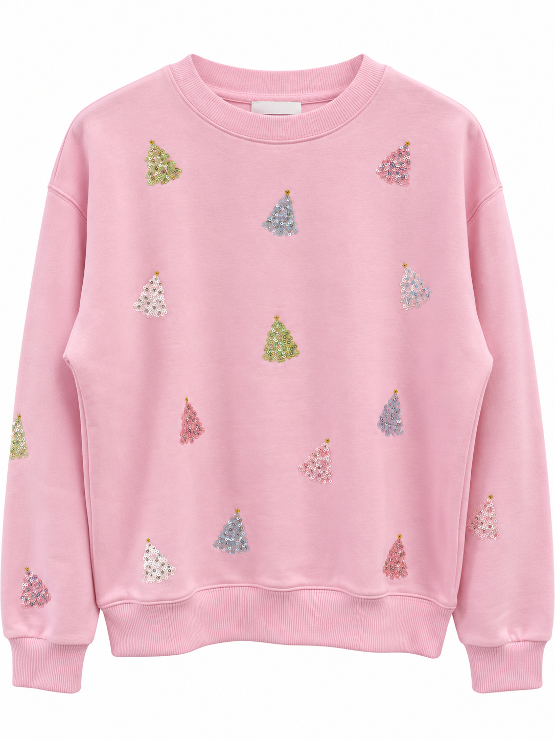A pink crewneck sweatshirt featuring an all-over pattern of small embroidered Christmas trees in various colors including green, blue, pink, and white.