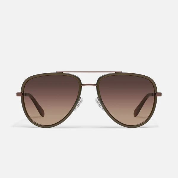 A pair of aviator-style sunglasses with a dark olive green metal frame and brown gradient lenses, shown against a light gray background.