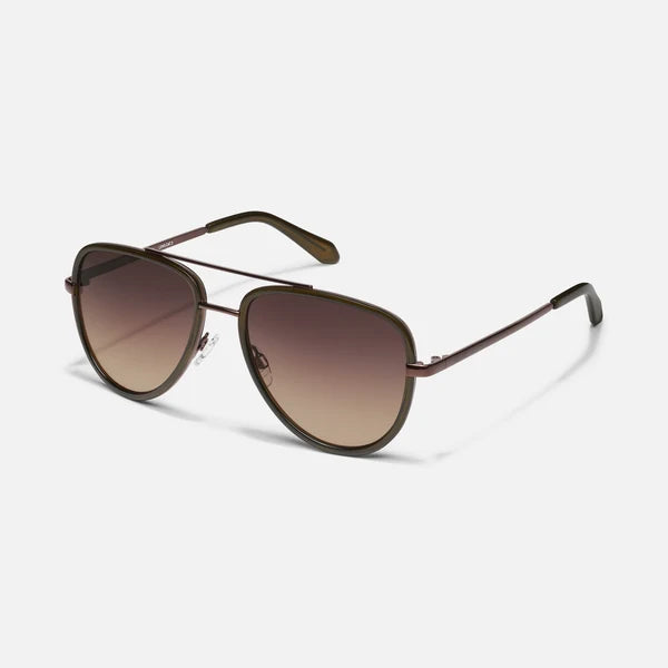 A pair of aviator-style sunglasses with dark brown gradient lenses and a thin dark brown metal frame, shown on a light gray background.