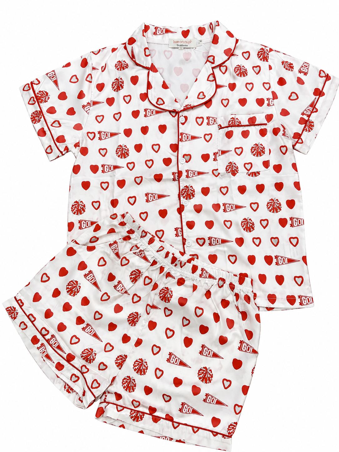 White and red pajama set with hearts, Go! flags, and cheer pompoms on a white background.
