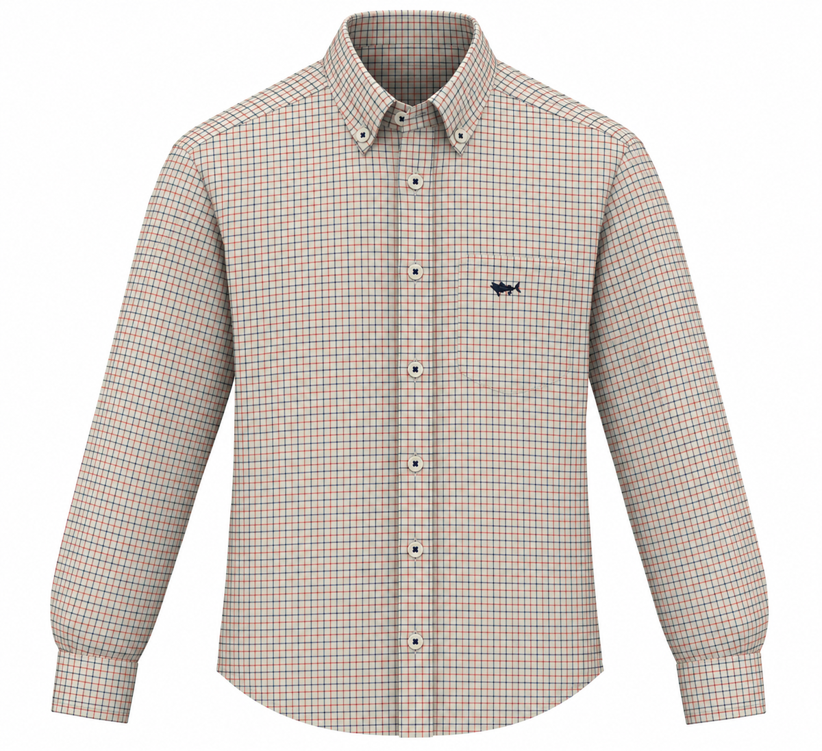 A long-sleeve button-down shirt with a beige, orange, and blue checkered pattern, featuring a small dark blue fish logo on the left chest, displayed on a clean white background.