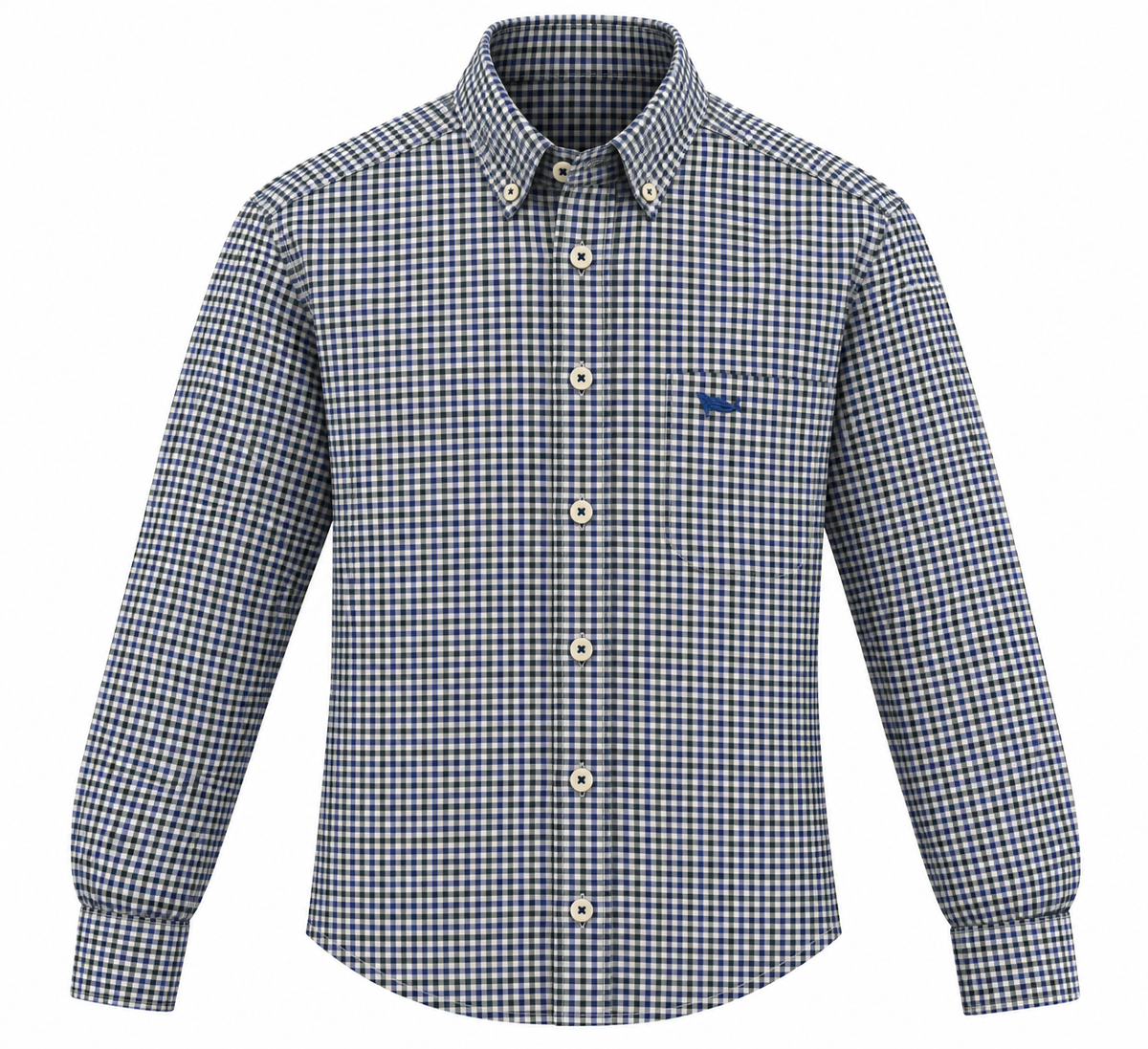 A long-sleeve button-down shirt with a blue and white gingham check pattern, featuring a classic collar, button-down front, and a small blue embroidered logo on the left chest.