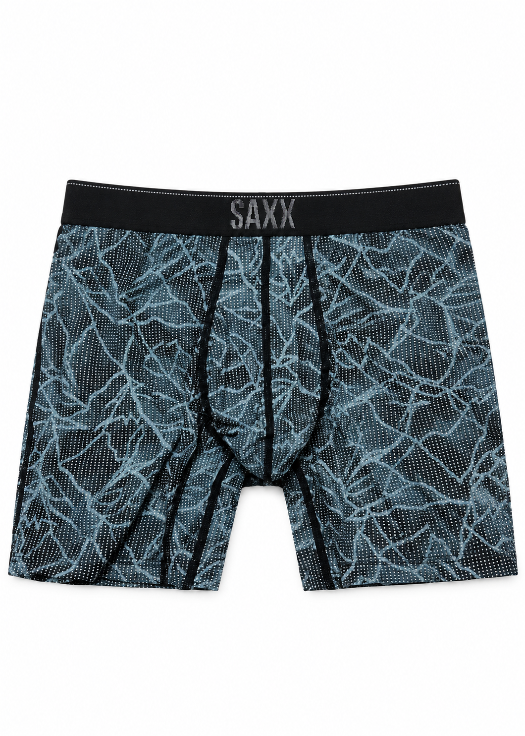 A pair of SAXX men's boxer briefs featuring a black elastic waistband with the brand name 'SAXX' in white, and a blue and black abstract web-like patterned body, shown flat on a white background.