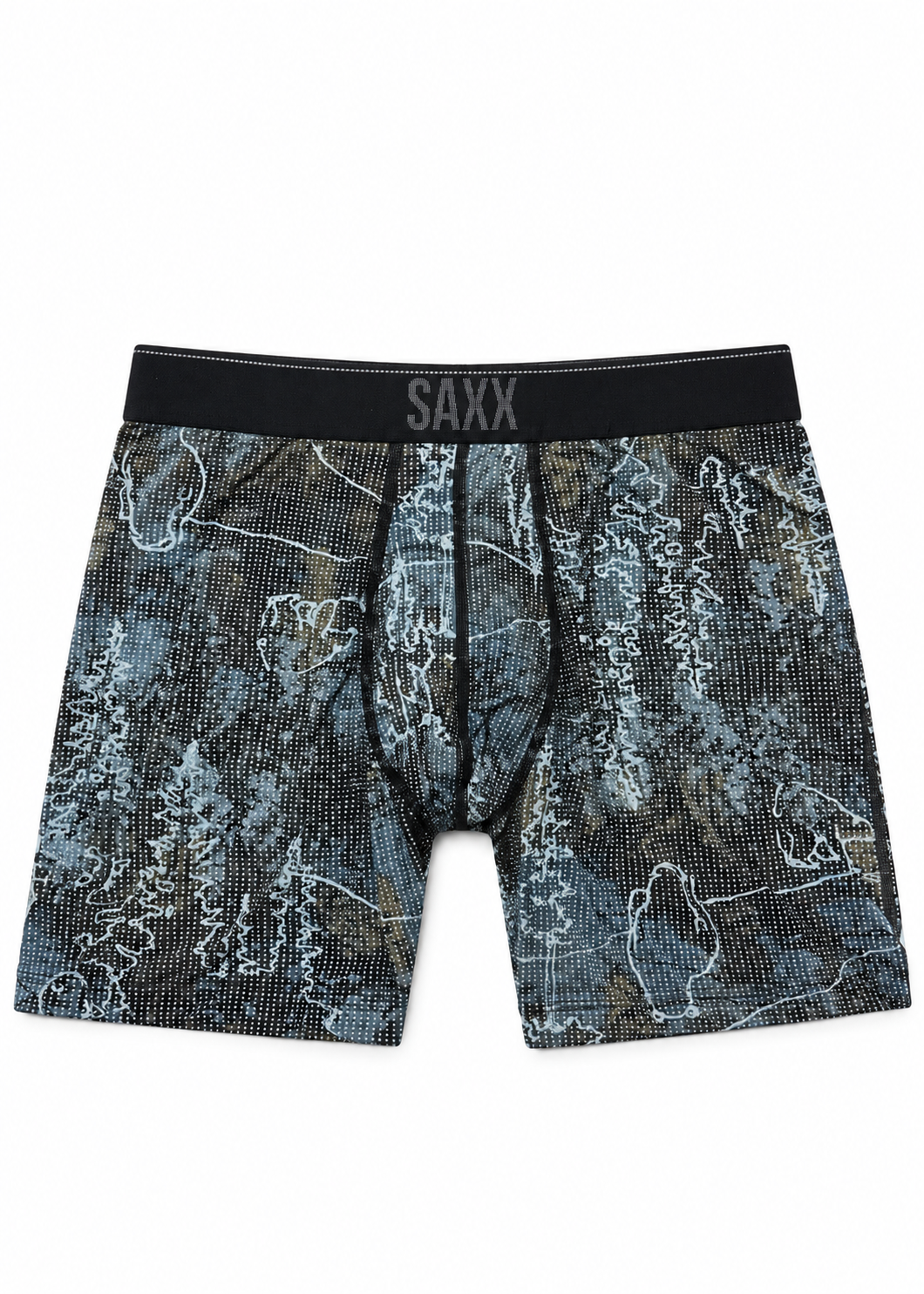 SAXX men's boxer briefs featuring a dark blue and gray camouflage pattern with white line-art illustrations of trees and bears, set against a plain white background.