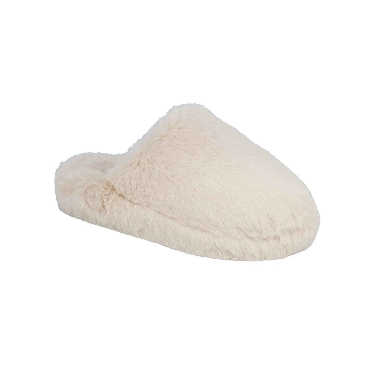 Ivory fluffy house shoe on a white background