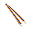 A double-strand fabric shoulder strap in mustard yellow with navy blue stripes, featuring gold-tone metal swivel clips on each end, shown on a plain white background.