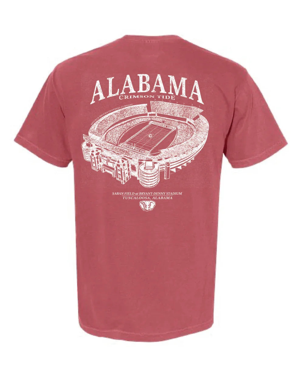 A short-sleeve crewneck t-shirt in crimson red, showing the back view with a white graphic print of the Alabama Crimson Tide stadium and 'ALABAMA CRIMSON TIDE' text.