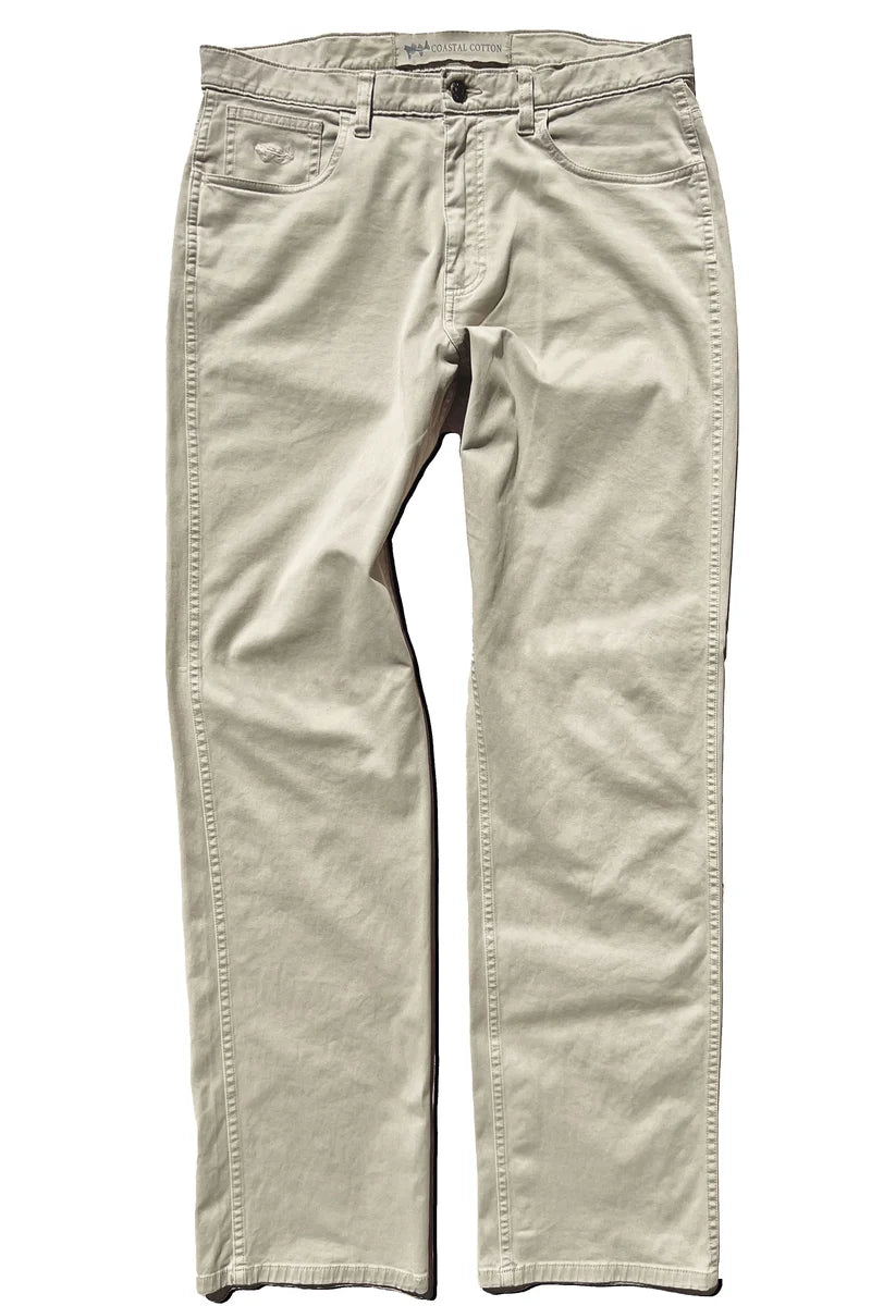 A pair of light beige straight-leg jeans laid flat against a white background.