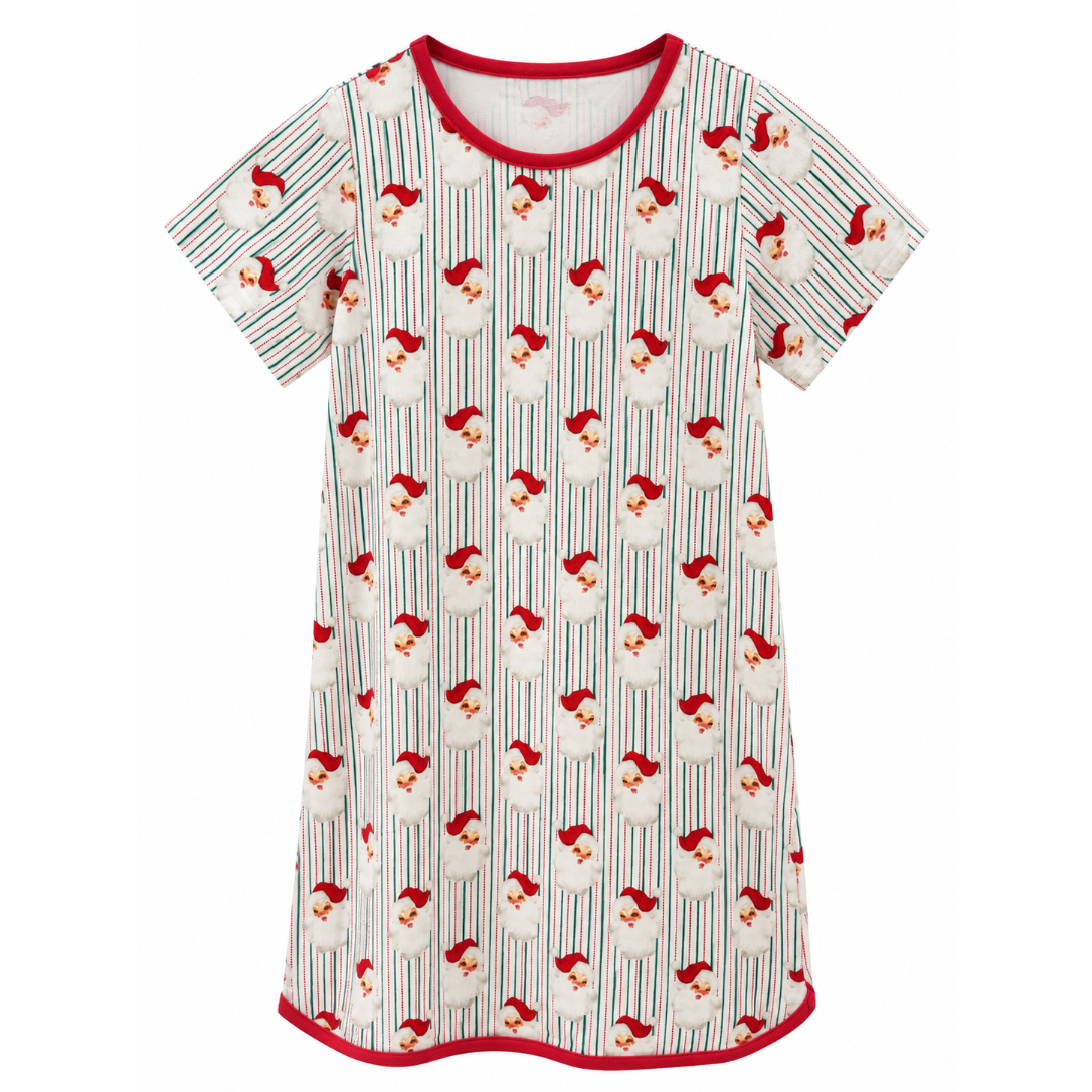 A short-sleeve baby tunic nightshirt featuring an all-over print of Santa Claus faces and hats on vertical stripes, finished with red trim on the neckline, sleeve cuffs, and hem.