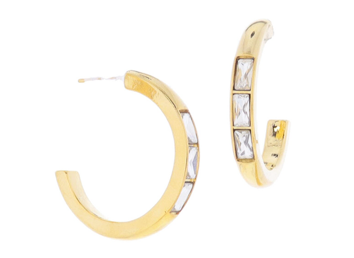 Jane Marie 18K Gold Plated Hoop with Clear Baguette Crystal Accents Earrings