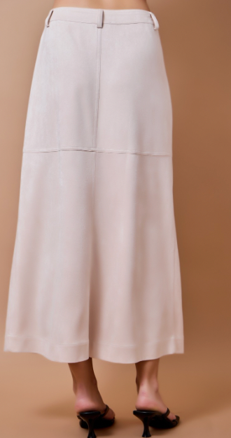 A light beige midi skirt with a structured waistband and horizontal seam details, shown on a model from the back against a solid tan background.