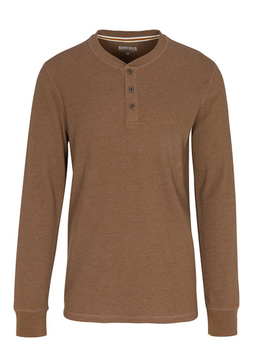 A brown long-sleeve henley shirt with a three-button placket, displayed on a clean white background.