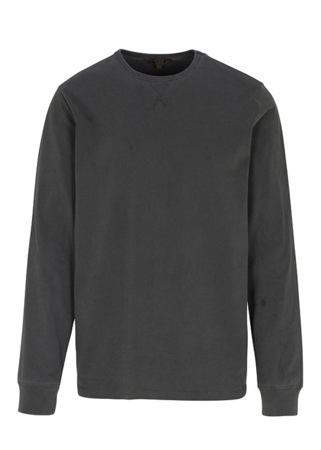 A dark gray crewneck long-sleeve shirt displayed on a white webpage background, with a small white logo on the left front hem.