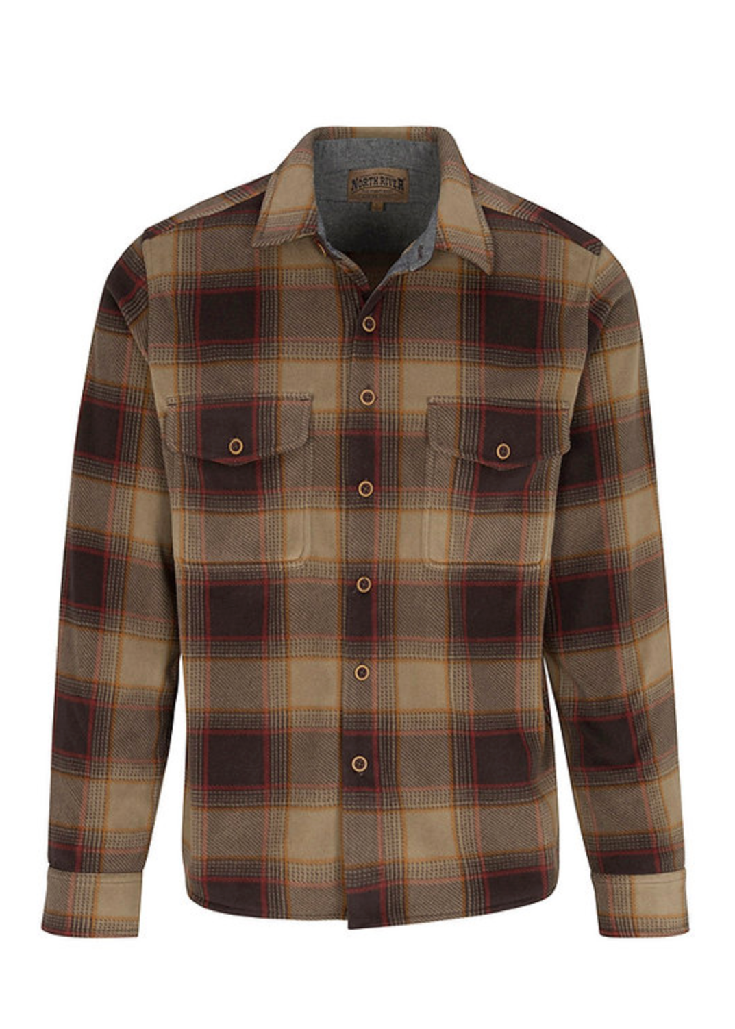 A North Face printed micro-flannel shirt in a brown and tan plaid pattern, shown on a white product page with browser navigation elements visible.