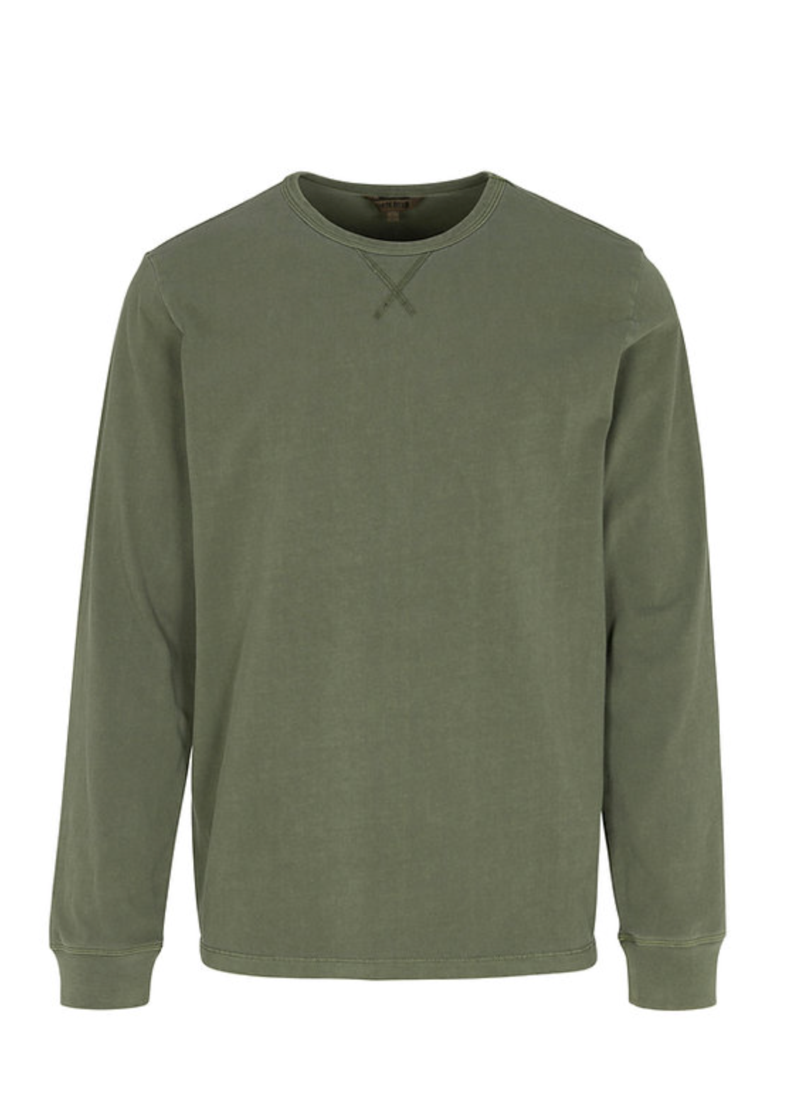A long-sleeve crewneck sweatshirt in washed olive green, shown on a white background within a web browser page. The sweatshirt has a relaxed fit and a small V-neck detail at the collar.