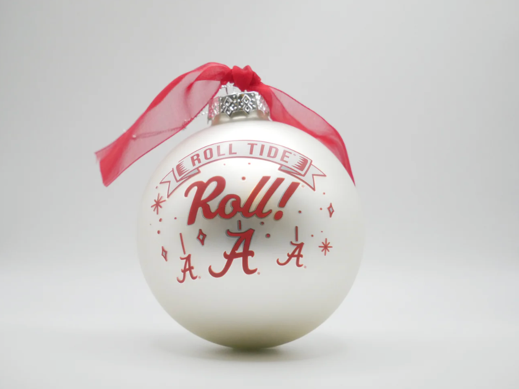 White ornament with red text and a red ribbon on a white background