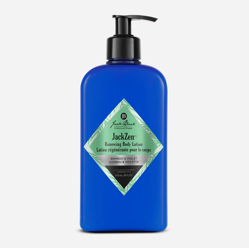 Blue bottle of Jack Zen Renewing Body Lotion on a white background