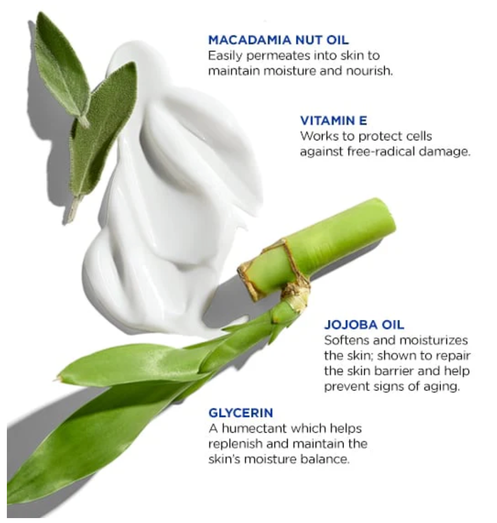 White cream with macadamia nut oil, vitamin E, jojoba oil, and glycerin text on a white background
