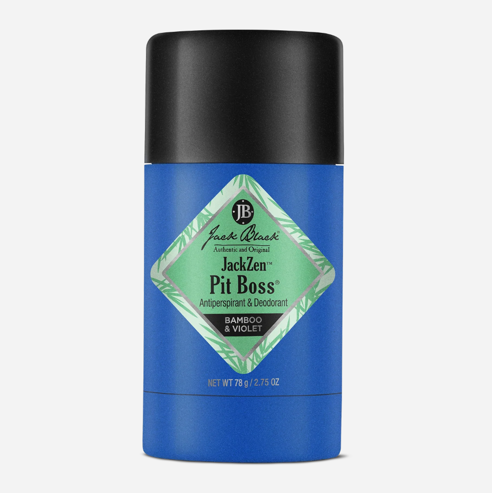 Blue and black container of Jack Black Pit Boss deodorant on a white background