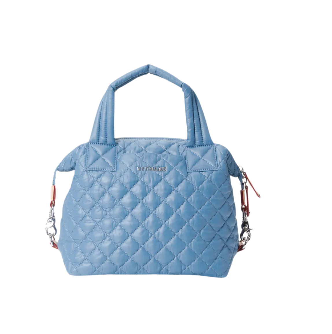 Light blue quilted handbag with a visible brand logo on a white background