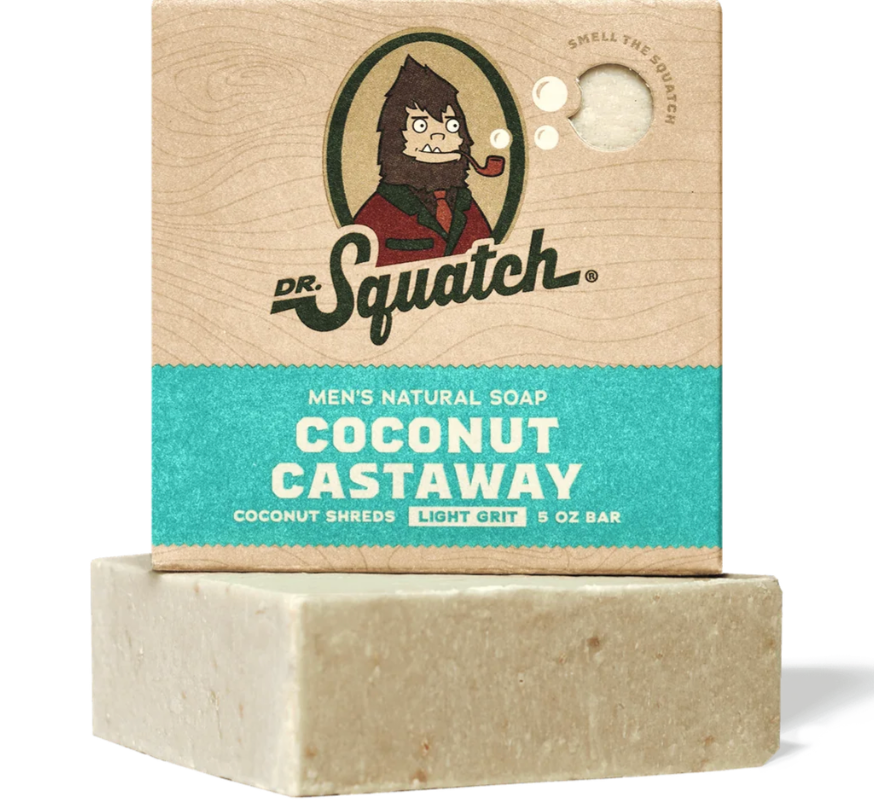 Bar of soap with Dr. Squatch packaging on a white background