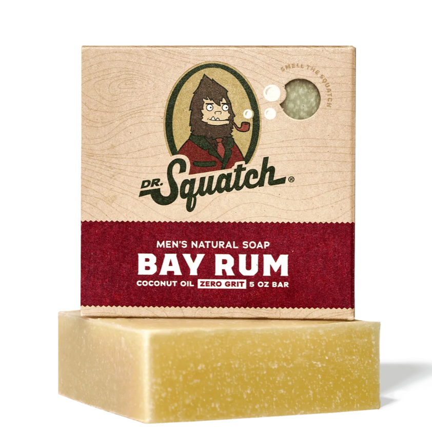 Dr. Squatch Bay Rum soap bar with packaging on a white background