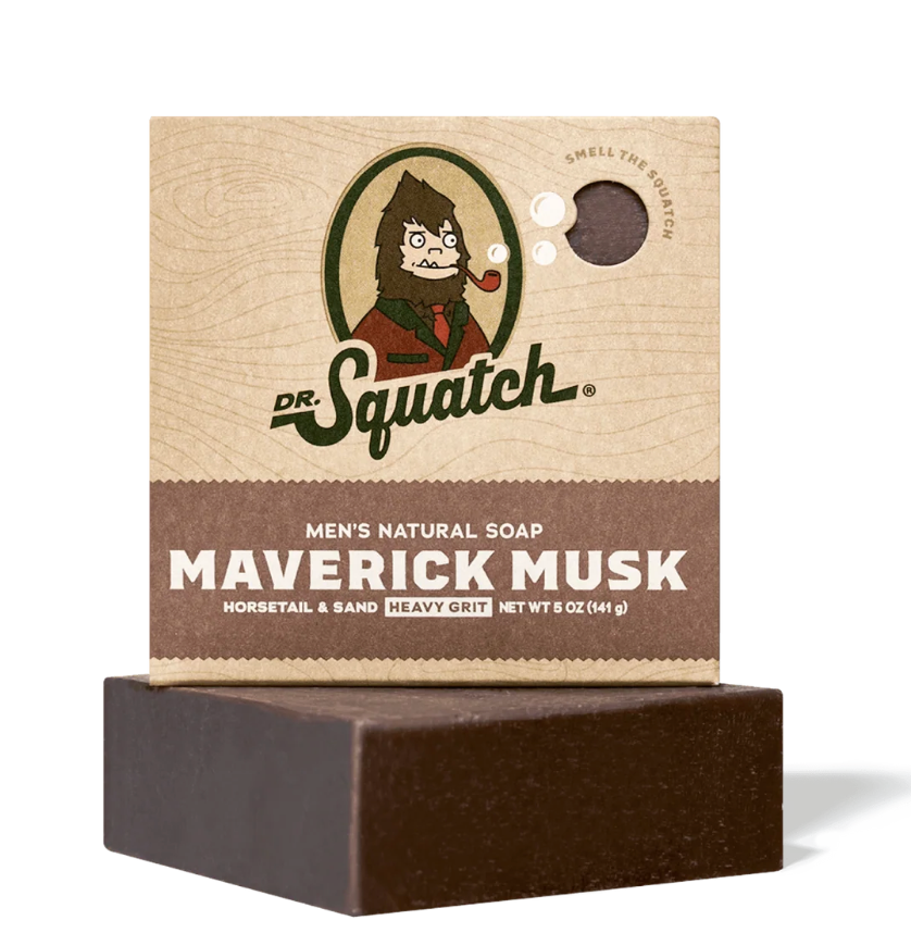 Bar of men's natural soap with Dr. Squatch packaging on a white background