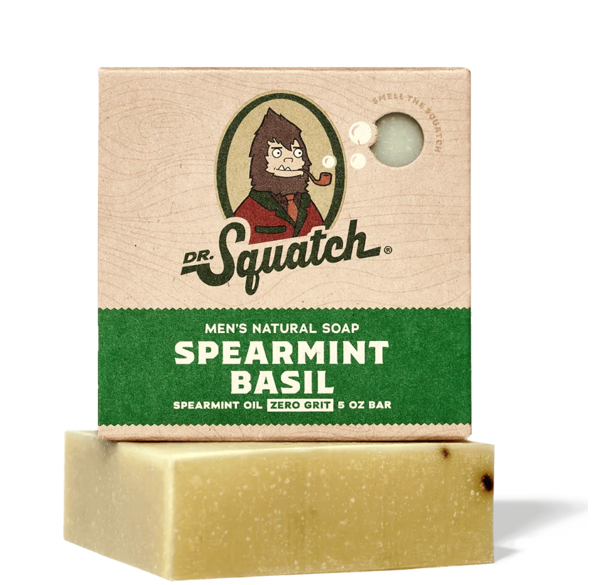 Dr. Squatch spearmint basil soap bar with packaging on a white background