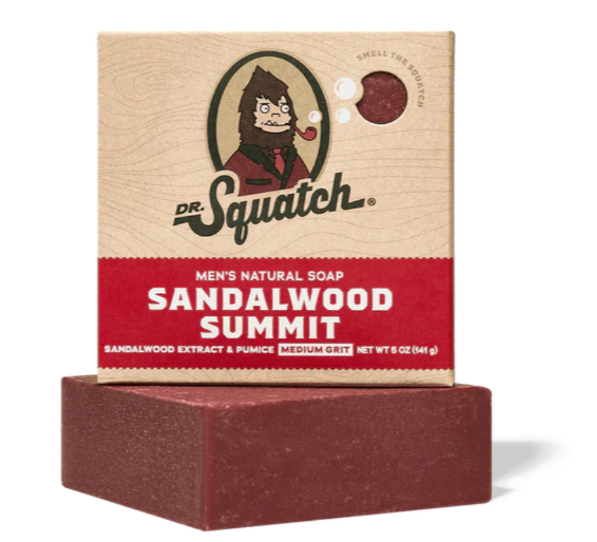 Dr Squatch Sandalwood Summit soap bar with packaging on a white background