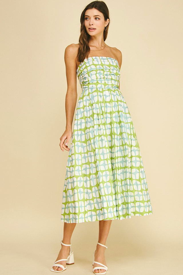 blue and green strapless dress with geometric pattern