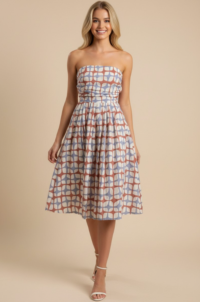blue and red strapless dress with geometric pattern