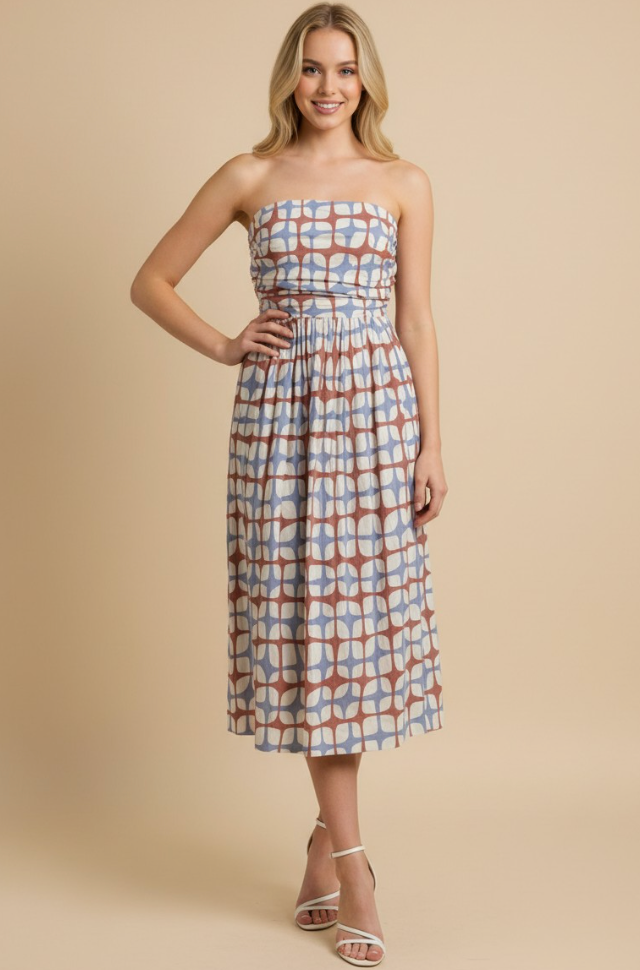 blue and red strapless dress with geometric pattern