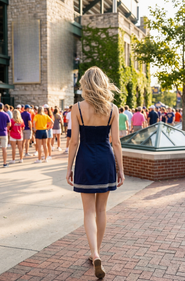 A woman seen from behind walking on a brick sidewalk in an outdoor urban setting, wearing a navy blue mini dress with thin straps and white trim at the hem.