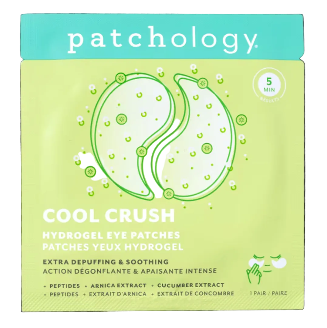 Patchology Cool Crush Hydrogel Eye Patches packaging, featuring a light green and mint blue design with a graphic of two eye patches on a black and white checkered background.