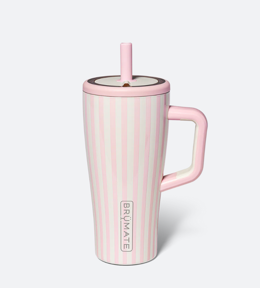 A pink and white vertically striped insulated travel tumbler with a matching pink lid and handle, featuring the BRYMATE brand logo on the front, set against a light gray background.