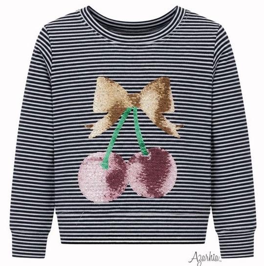 Girls' Azarhia Sequin Cherry Bow Striped Crew