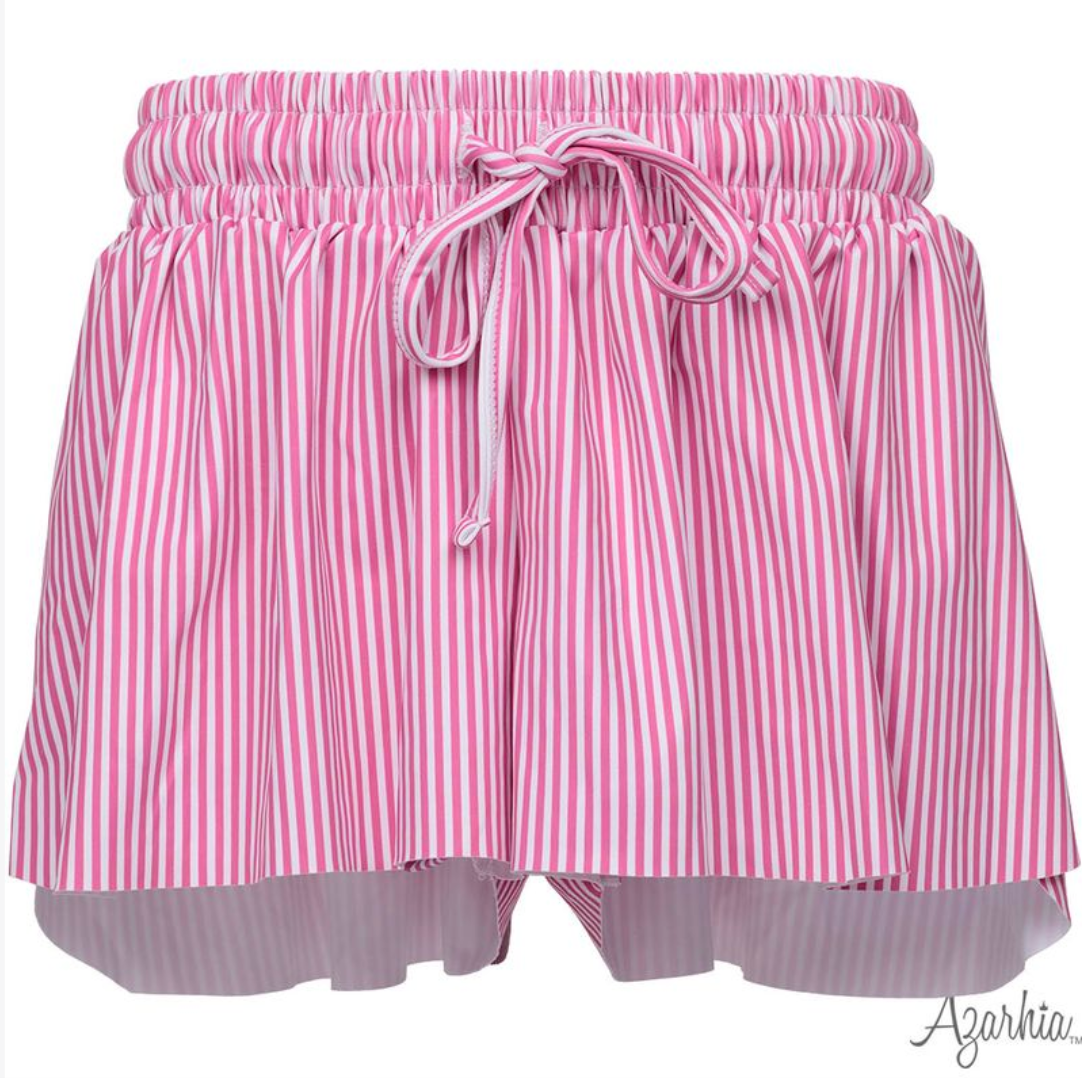 Pink and white vertically striped shorts with an elastic waistband and matching drawstring, shown against a plain white background.