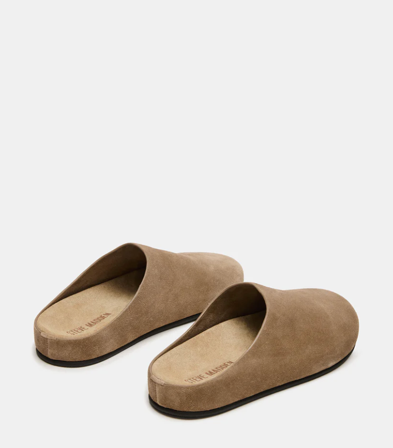 A pair of taupe suede slip-on mule slippers shown from a three-quarters angle on a light gray background. The brand name 'TODD MURPHY' is subtly printed on the insole.