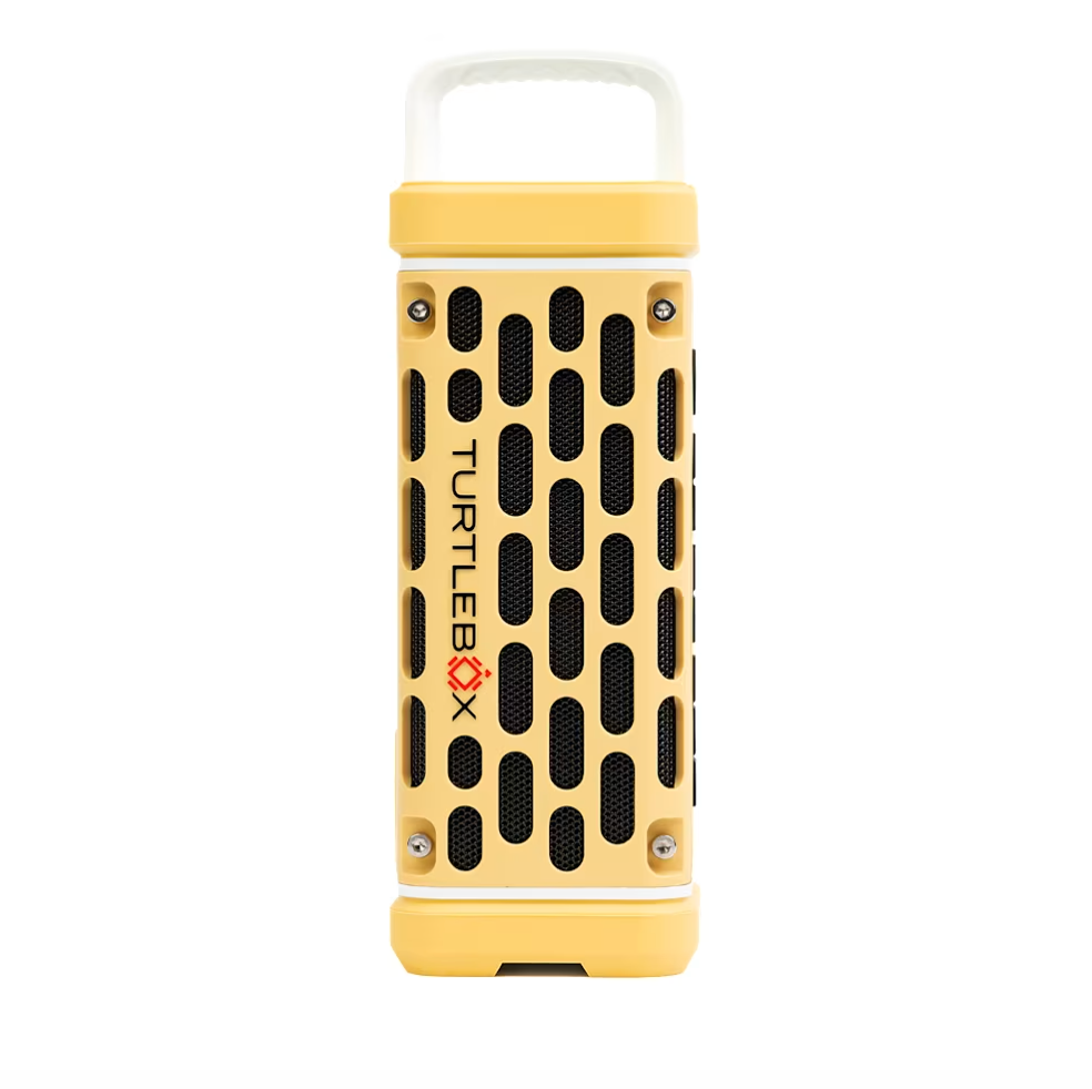 A yellow and black TurtleBox portable Bluetooth speaker with a white carrying handle on a solid white background.