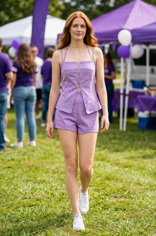 A woman walking outdoors on grass wearing a lavender sleeveless top and matching shorts, with white sneakers. Purple tents and people are blurred in the background.